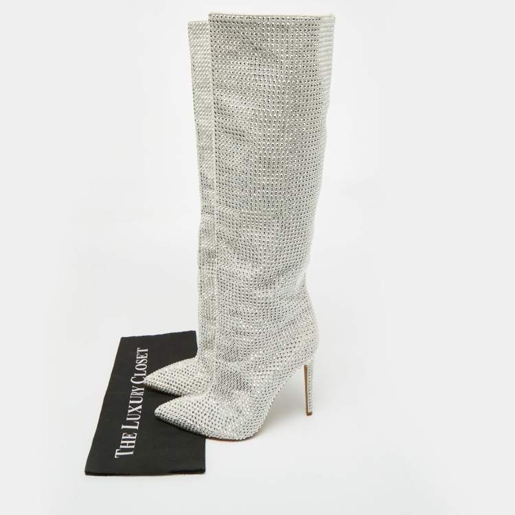 Pre Owned Jimmy Choo Grey Suede Crystals Embellished Knee Length Boots Size 39