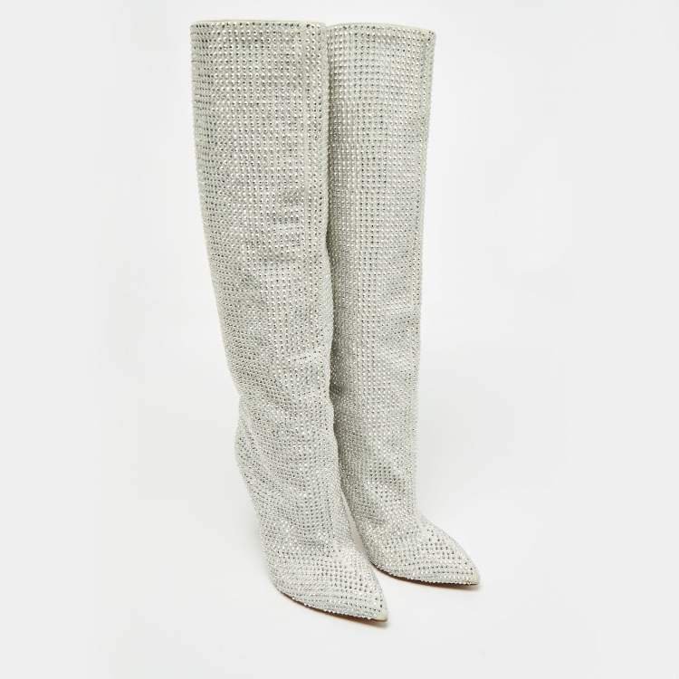 Pre Owned Jimmy Choo Grey Suede Crystals Embellished Knee Length Boots Size 39