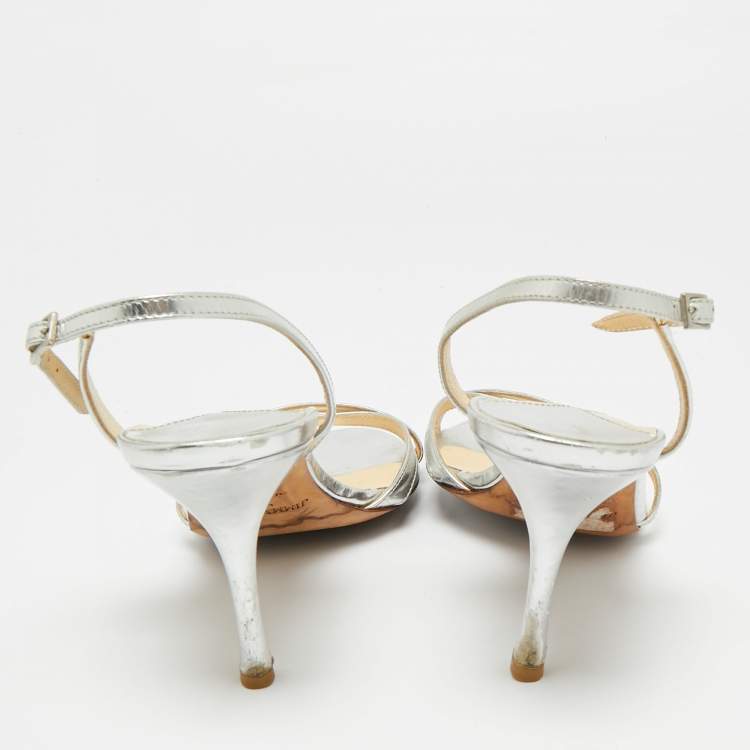 Pre Owned Jimmy Choo Silver Leather Slingback Sandals Size 38.5