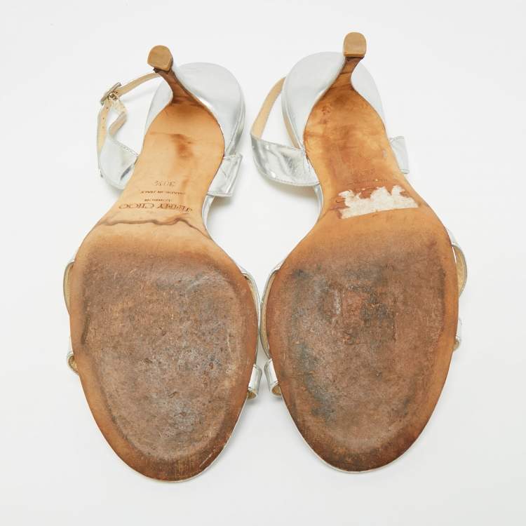 Pre Owned Jimmy Choo Silver Leather Slingback Sandals Size 38.5