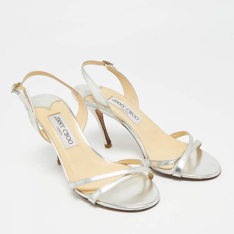 Pre Owned Jimmy Choo Silver Leather Slingback Sandals Size 38.5