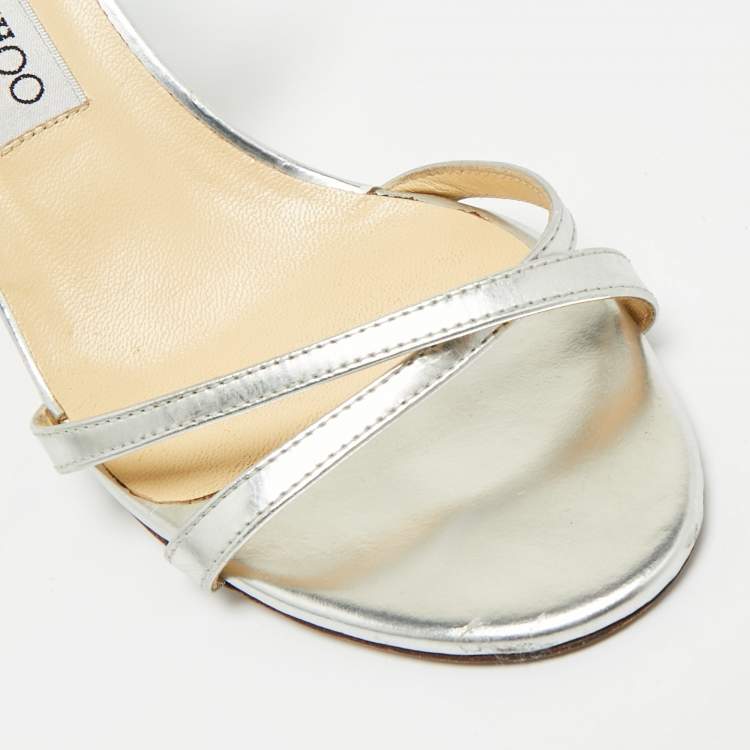 Pre Owned Jimmy Choo Silver Leather Slingback Sandals Size 38.5
