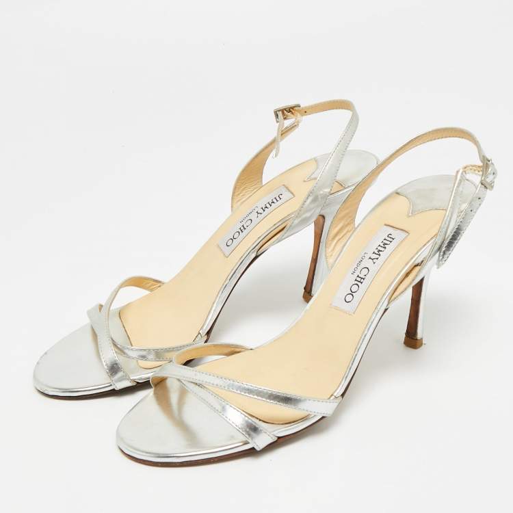 Pre Owned Jimmy Choo Silver Leather Slingback Sandals Size 38.5