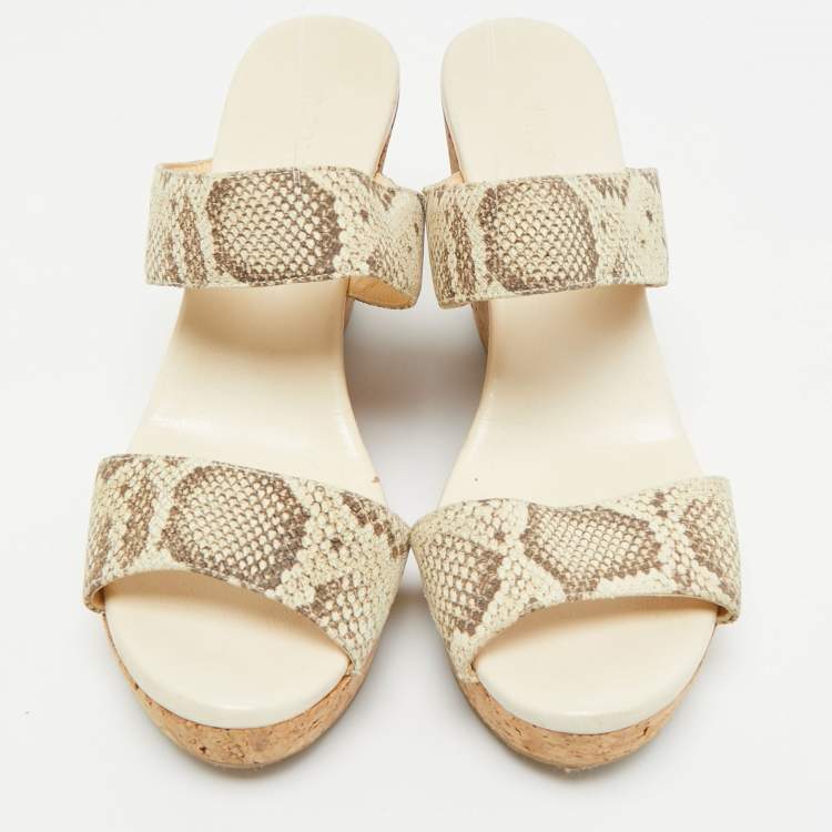 Pre Owned Jimmy Choo Off White/Grey Snakeskin Embossed Leather Cork Platform Wedge Sandals Size 39