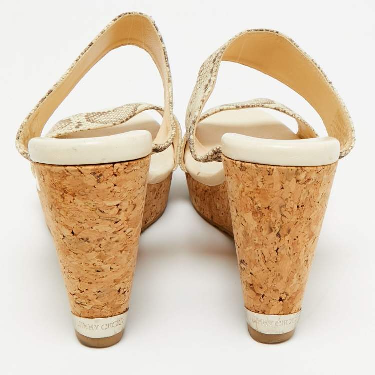 Pre Owned Jimmy Choo Off White/Grey Snakeskin Embossed Leather Cork Platform Wedge Sandals Size 39