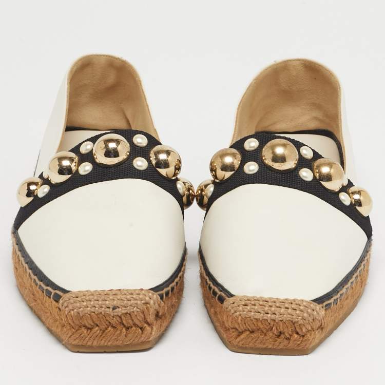 Pre Owned Jimmy Choo White/Black Canvas and Leather Studded Embellished Espadrille Flats Size 37