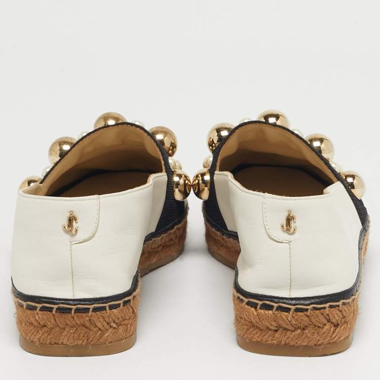 Pre Owned Jimmy Choo White/Black Canvas and Leather Studded Embellished Espadrille Flats Size 37