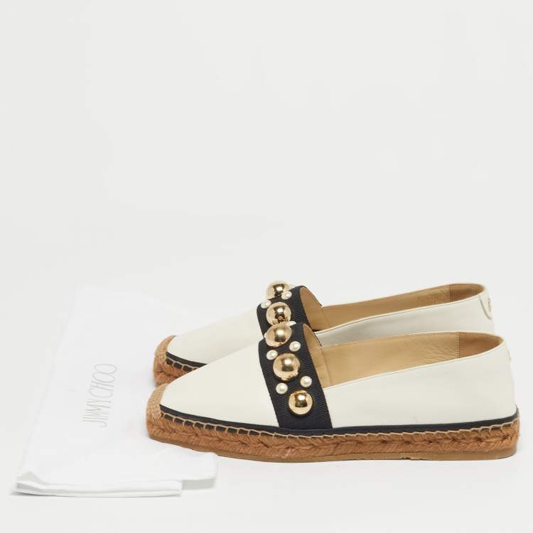Pre Owned Jimmy Choo White/Black Canvas and Leather Studded Embellished Espadrille Flats Size 37