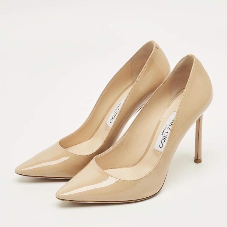 Pre Owned Jimmy Choo Beige Patent Leather Romy Pumps Size 38.5