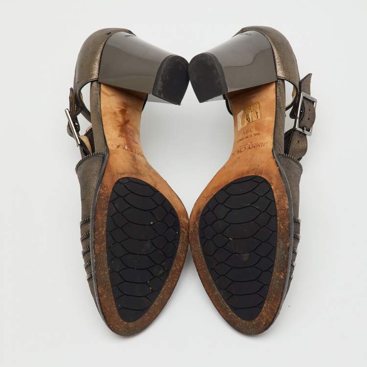 Pre Owned Jimmy Choo Grey Leather Zip Detail Block Heel Pumps Size 39.5