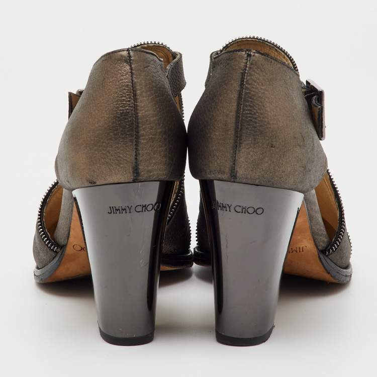Pre Owned Jimmy Choo Grey Leather Zip Detail Block Heel Pumps Size 39.5