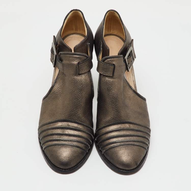 Pre Owned Jimmy Choo Grey Leather Zip Detail Block Heel Pumps Size 39.5