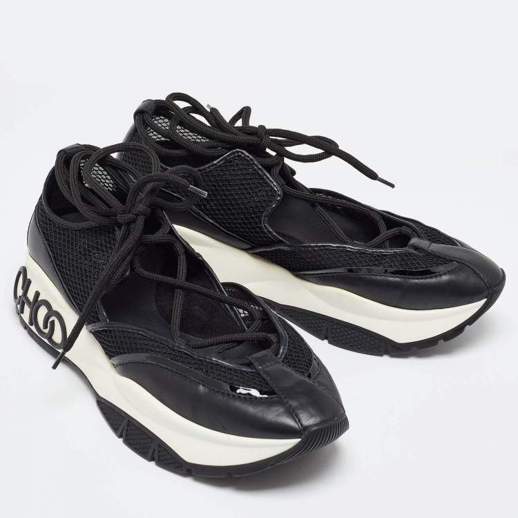 Pre Owned Jimmy Choo Size 40 Black Leather, Mesh and Patent Leather Lace Up Sneakers