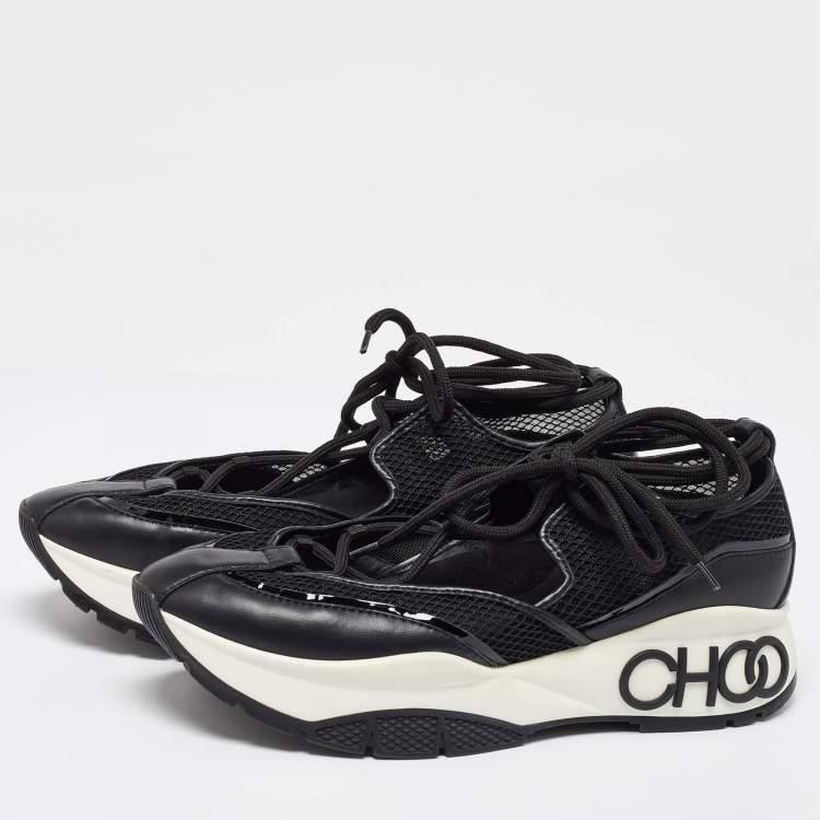 Pre Owned Jimmy Choo Size 40 Black Leather, Mesh and Patent Leather Lace Up Sneakers