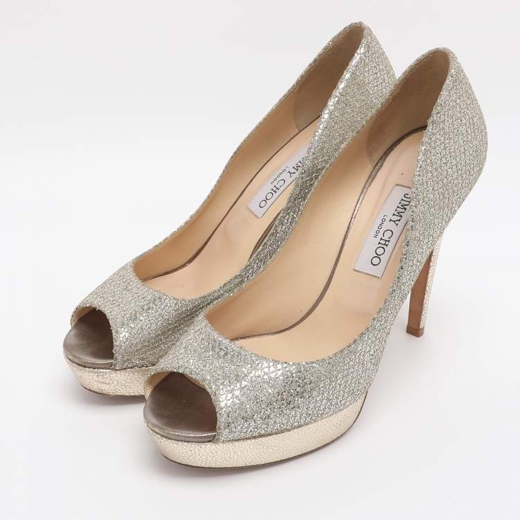 Pre Owned Jimmy Choo Dahlia Size 41 Silver/Gold Glitter and Lurex Fabric Platform Pumps