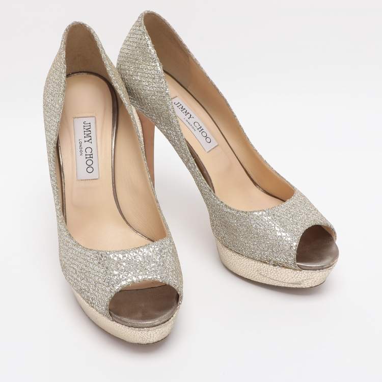 Pre Owned Jimmy Choo Dahlia Size 41 Silver/Gold Glitter and Lurex Fabric Platform Pumps