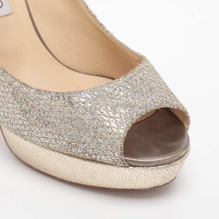 Pre Owned Jimmy Choo Dahlia Size 41 Silver/Gold Glitter and Lurex Fabric Platform Pumps
