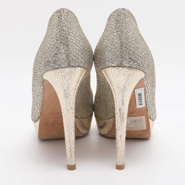 Pre Owned Jimmy Choo Dahlia Size 41 Silver/Gold Glitter and Lurex Fabric Platform Pumps