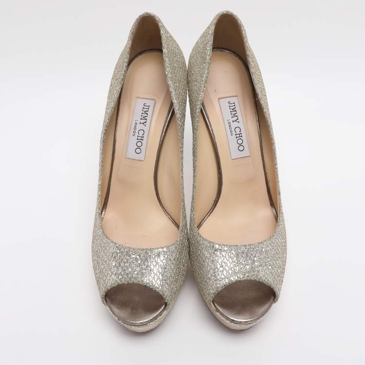 Pre Owned Jimmy Choo Dahlia Size 41 Silver/Gold Glitter and Lurex Fabric Platform Pumps