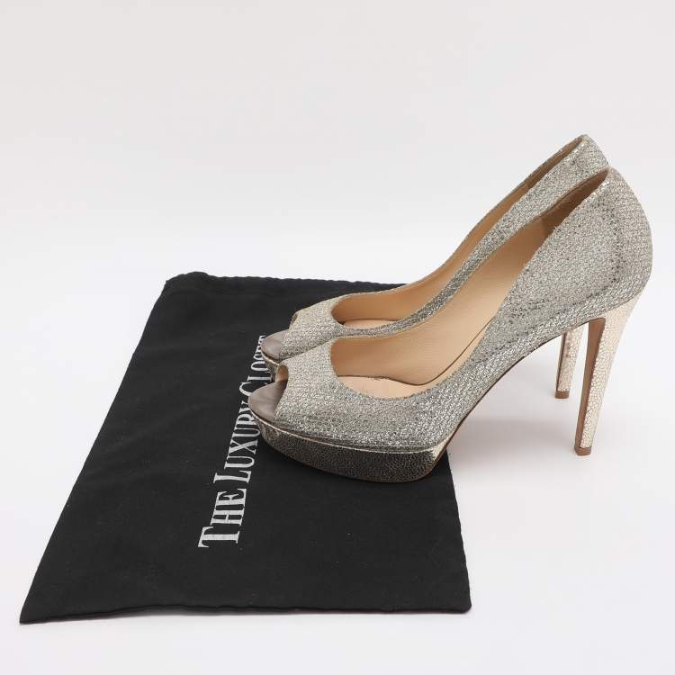 Pre Owned Jimmy Choo Dahlia Size 41 Silver/Gold Glitter and Lurex Fabric Platform Pumps