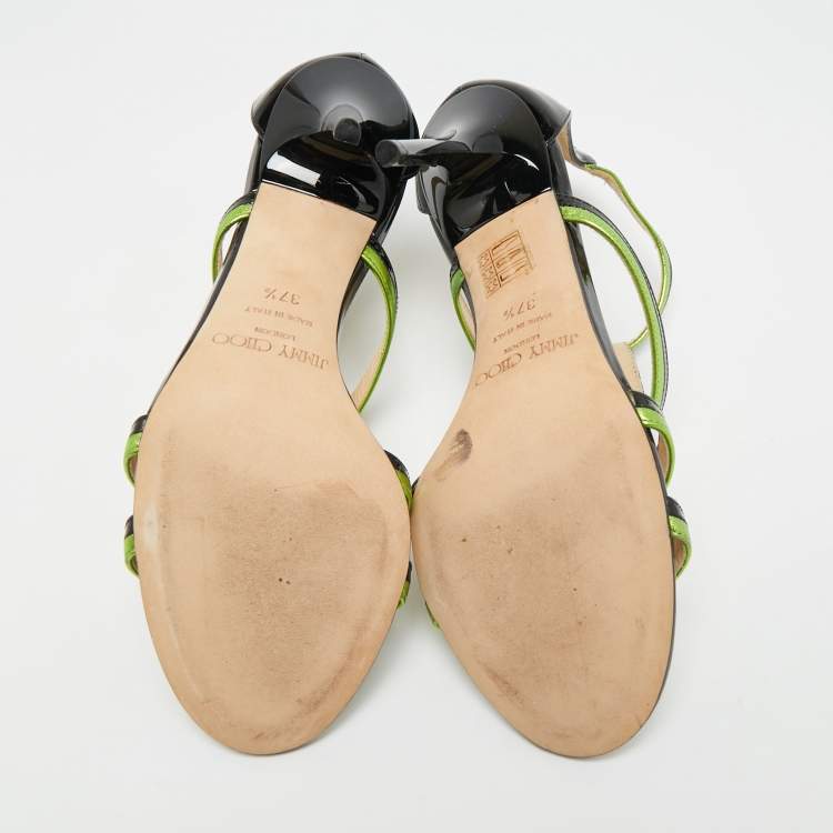 Pre Owned Jimmy Choo Thistle Size 37.5 Black/Green Patent and Leather Sandals