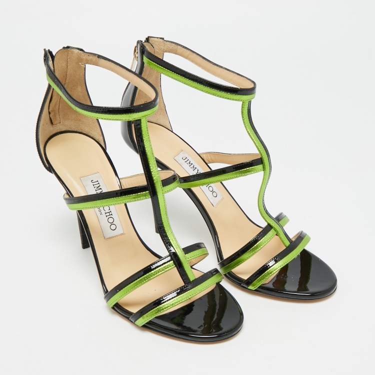 Pre Owned Jimmy Choo Thistle Size 37.5 Black/Green Patent and Leather Sandals