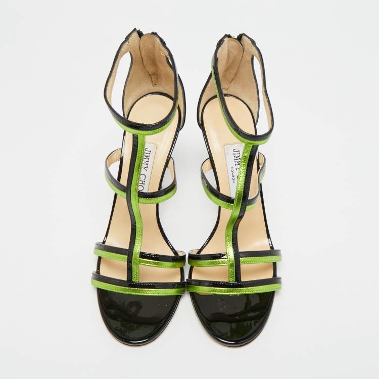 Pre Owned Jimmy Choo Thistle Size 37.5 Black/Green Patent and Leather Sandals