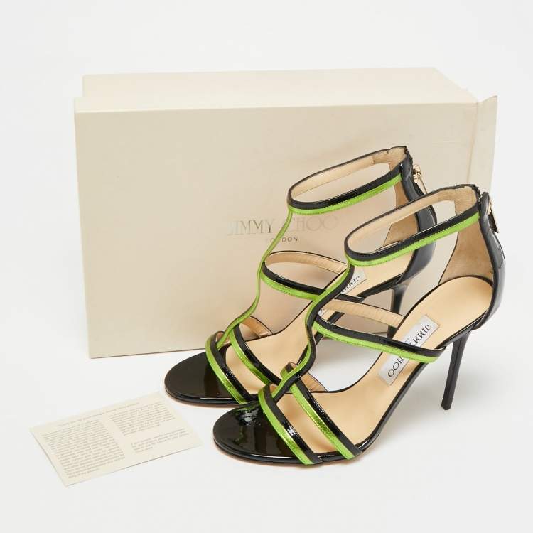 Pre Owned Jimmy Choo Thistle Size 37.5 Black/Green Patent and Leather Sandals