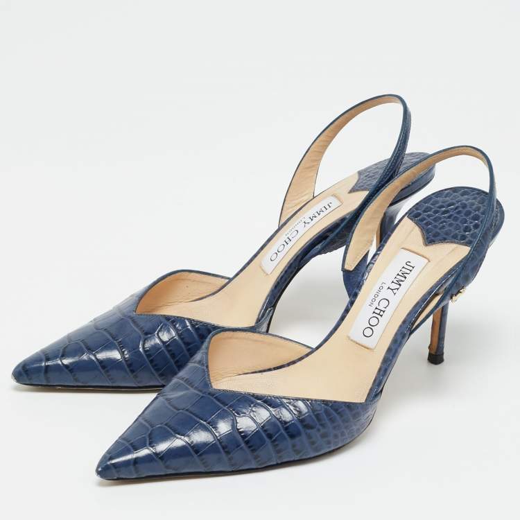 Pre Owned Jimmy Choo Thandi Size 38 Blue Croc Embossed Leather Pumps