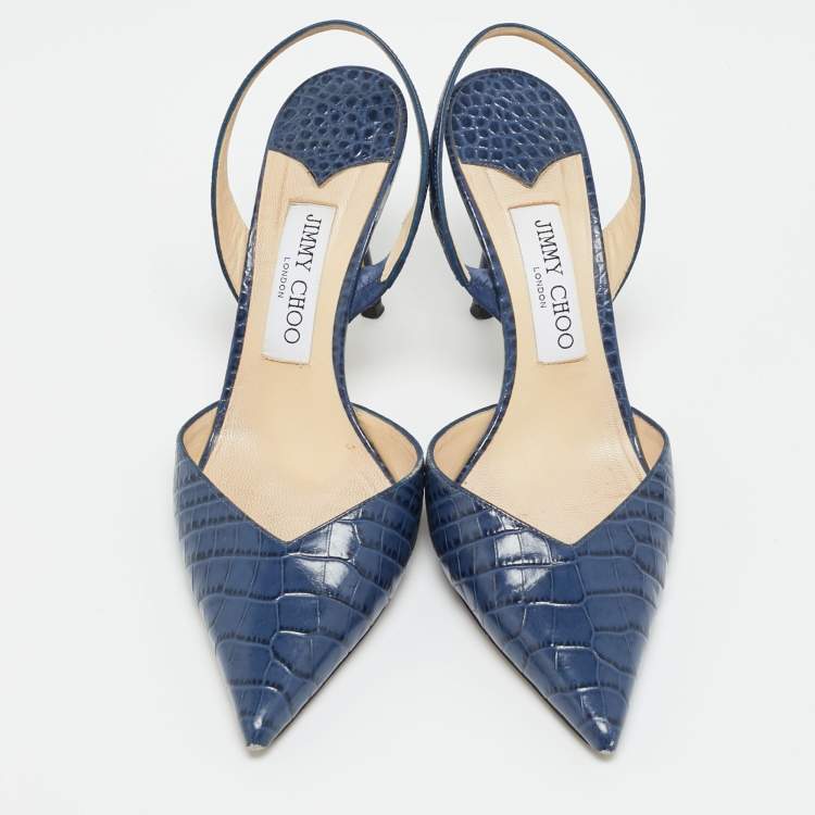 Pre Owned Jimmy Choo Thandi Size 38 Blue Croc Embossed Leather Pumps