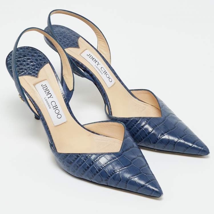 Pre Owned Jimmy Choo Thandi Size 38 Blue Croc Embossed Leather Pumps