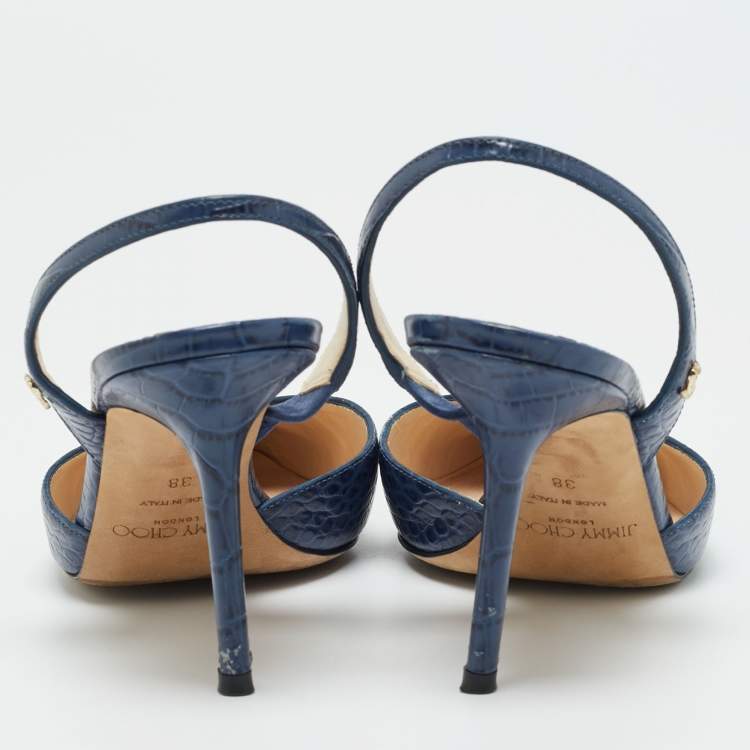 Pre Owned Jimmy Choo Thandi Size 38 Blue Croc Embossed Leather Pumps