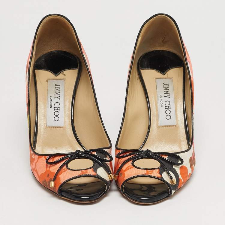 Pre Owned Jimmy Choo Size 36 Multicolor Floral Print Canvas Bow Peep Toe Pumps
