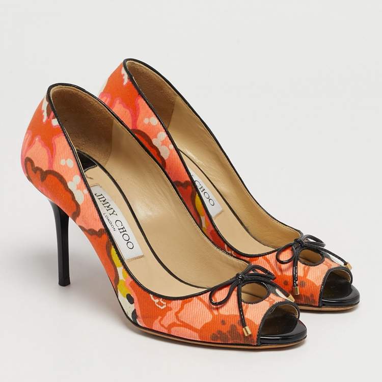 Pre Owned Jimmy Choo Size 36 Multicolor Floral Print Canvas Bow Peep Toe Pumps