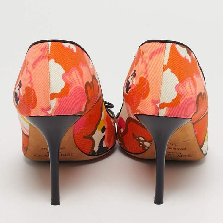 Pre Owned Jimmy Choo Size 36 Multicolor Floral Print Canvas Bow Peep Toe Pumps