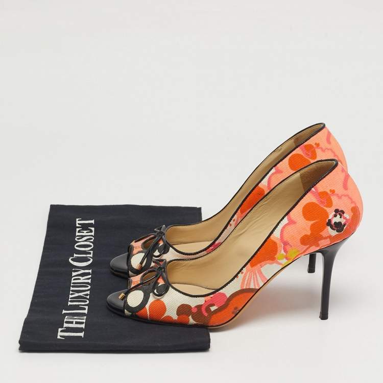 Pre Owned Jimmy Choo Size 36 Multicolor Floral Print Canvas Bow Peep Toe Pumps