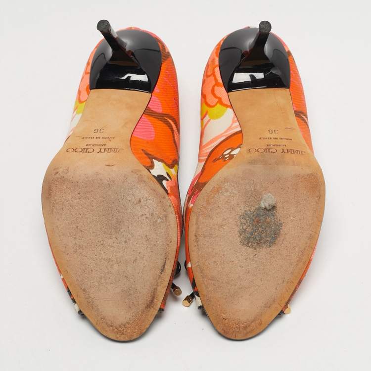 Pre Owned Jimmy Choo Size 36 Multicolor Floral Print Canvas Bow Peep Toe Pumps