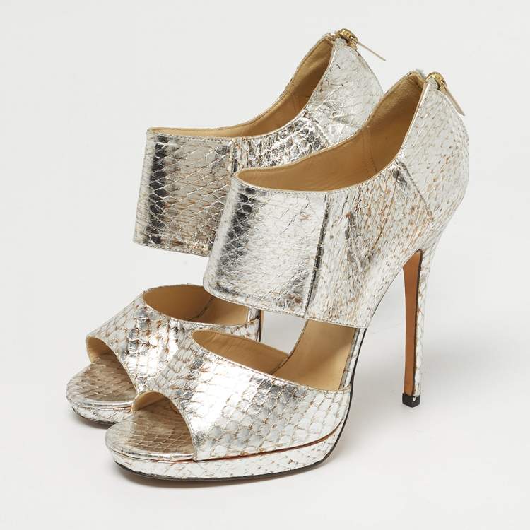 Pre Owned Jimmy Choo Private Size 38.5 Metallic Python Embossed Leather Sandals