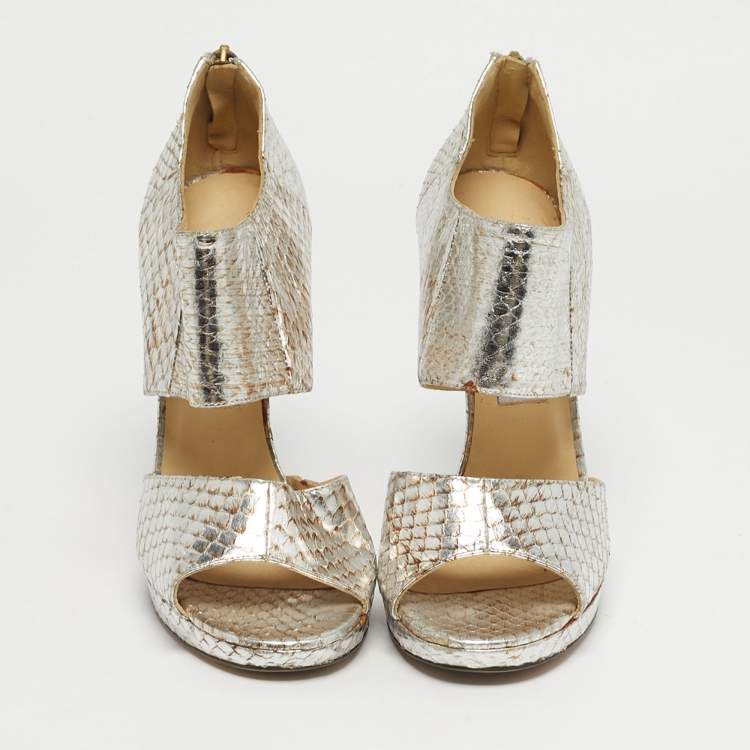 Pre Owned Jimmy Choo Private Size 38.5 Metallic Python Embossed Leather Sandals