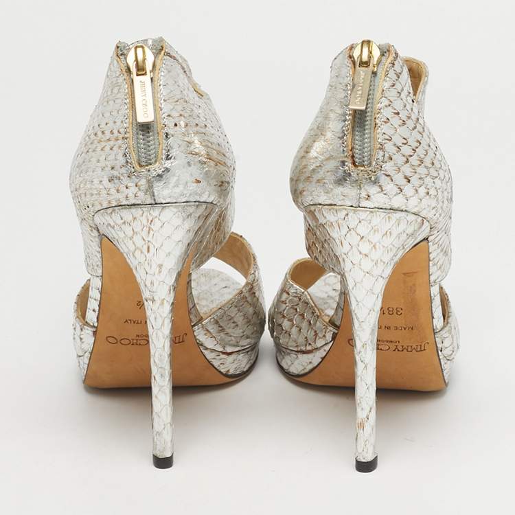 Pre Owned Jimmy Choo Private Size 38.5 Metallic Python Embossed Leather Sandals