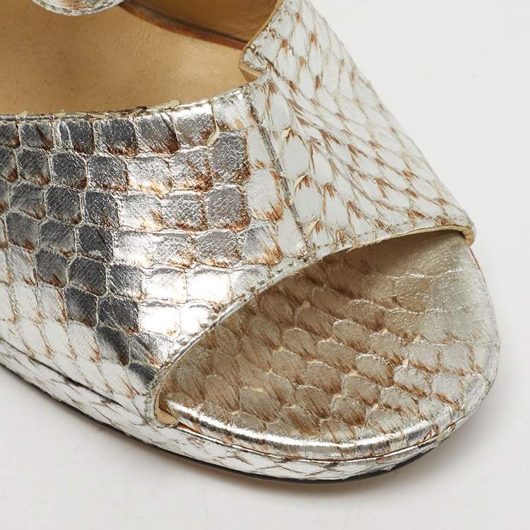Pre Owned Jimmy Choo Private Size 38.5 Metallic Python Embossed Leather Sandals