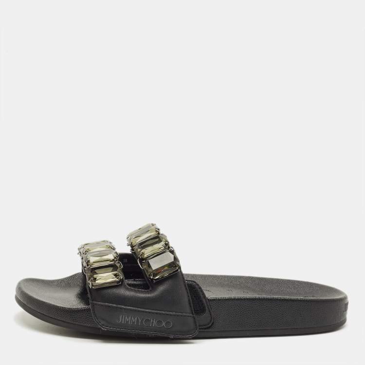 Pre Owned Jimmy Choo Fitz Size 38 Black Leather Flat Slide