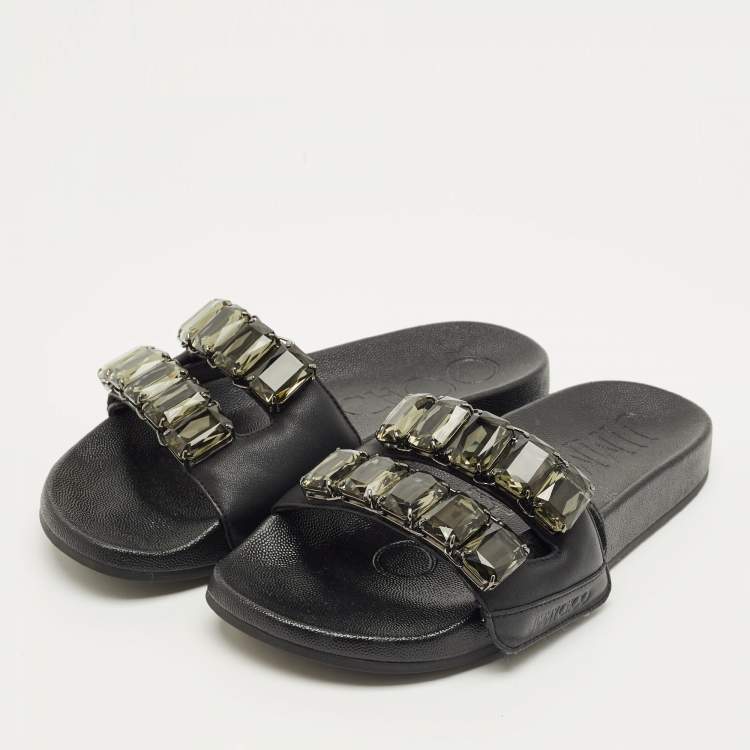 Pre Owned Jimmy Choo Fitz Size 38 Black Leather Flat Slide