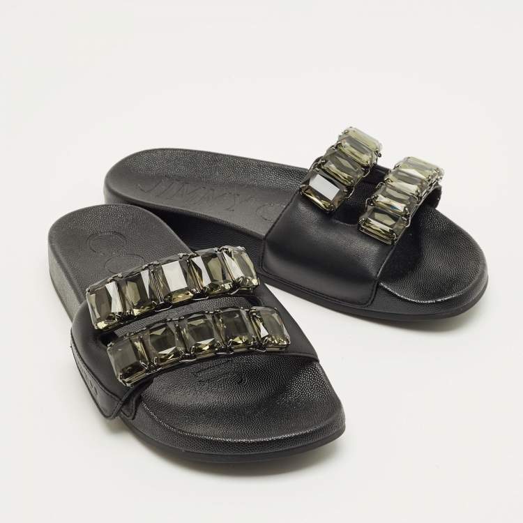 Pre Owned Jimmy Choo Fitz Size 38 Black Leather Flat Slide