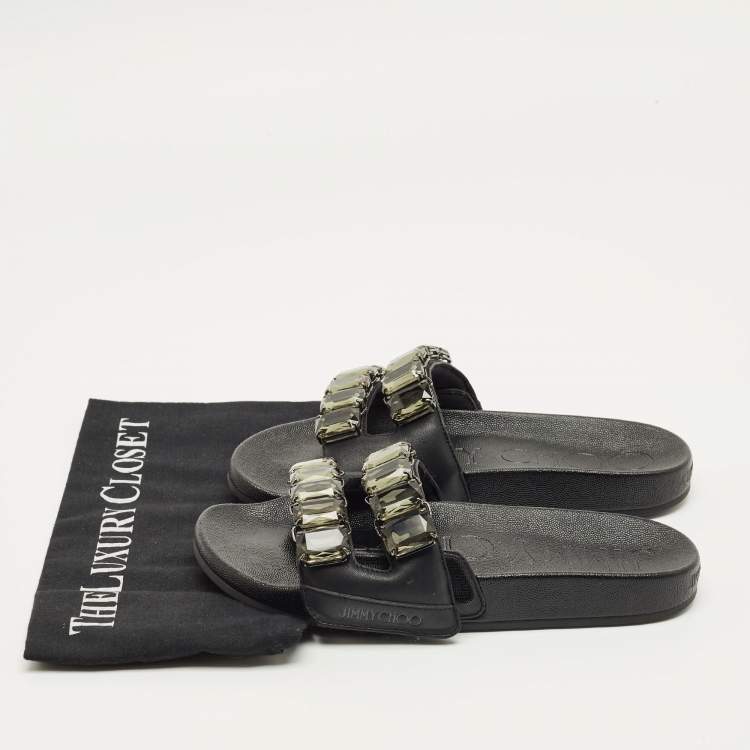 Pre Owned Jimmy Choo Fitz Size 38 Black Leather Flat Slide