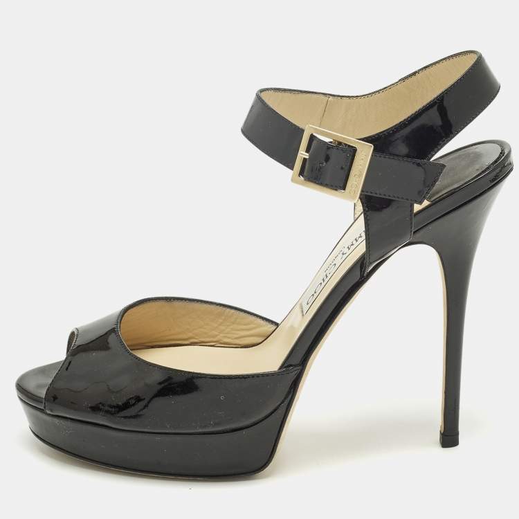 مملوكة مسبقًا Jimmy Choo Linda Size 41 Black Patent Leather Ankle Strap Sandals