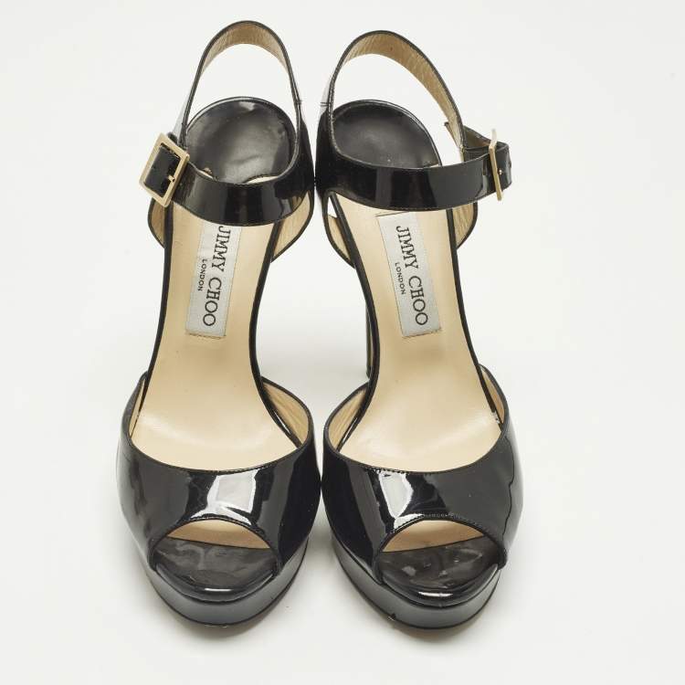 مملوكة مسبقًا Jimmy Choo Linda Size 41 Black Patent Leather Ankle Strap Sandals