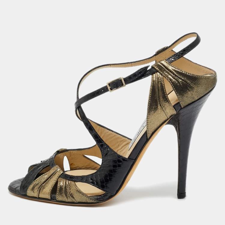 Pre Owned Jimmy Choo Thistle Size 38 Black Gold Leather and Python Leather Ankle Strap Sandals