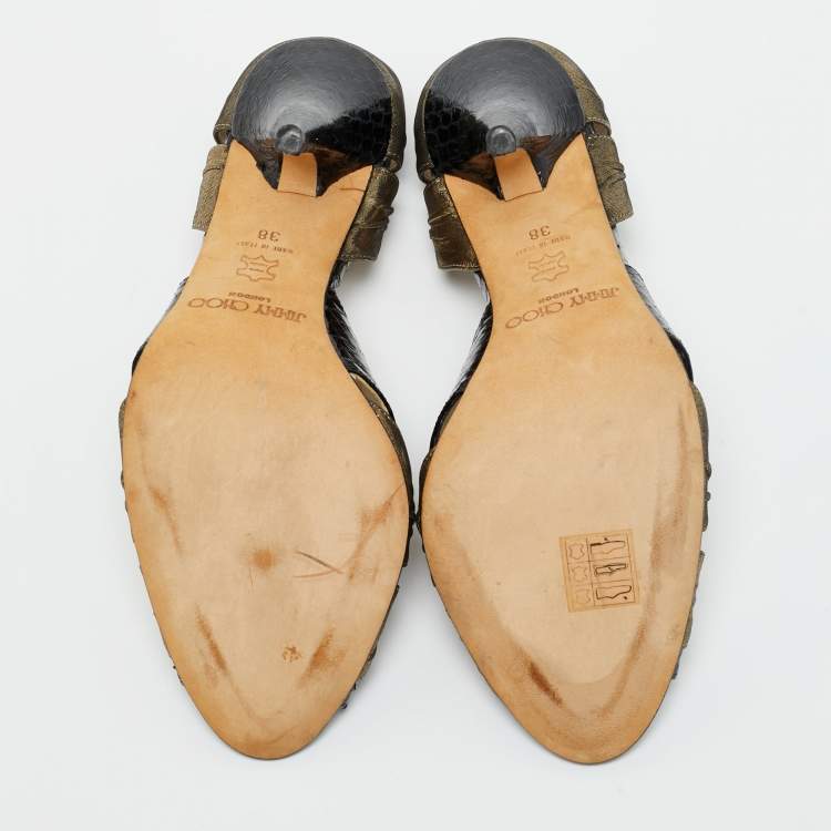 Pre Owned Jimmy Choo Thistle Size 38 Black Gold Leather and Python Leather Ankle Strap Sandals