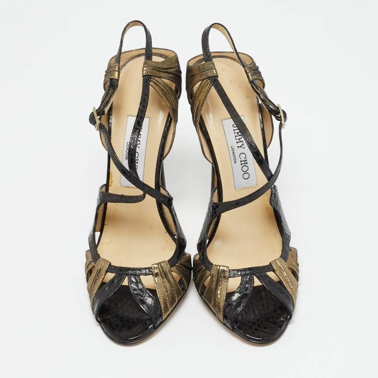 Pre Owned Jimmy Choo Thistle Size 38 Black Gold Leather and Python Leather Ankle Strap Sandals